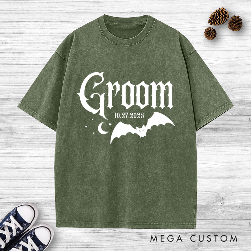 Personalized Halloween-Inspired Gothic Bride and Groom with Bat and Moon Matching Wedding Couple Washed T-Shirt