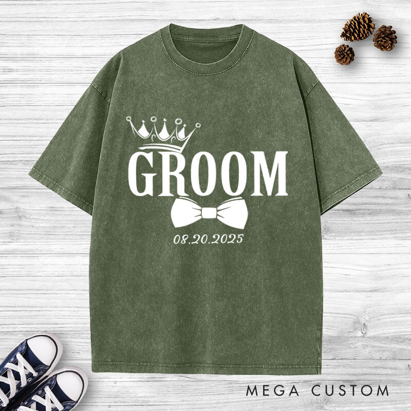 Personalized Regal Bride and Groom with Crowns and Date Matching Wedding Couple Washed T-Shirt