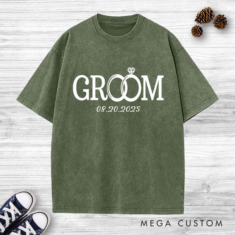 Personalized Elegant Bride and Groom with Rings Matching Wedding Couple Washed T-Shirt