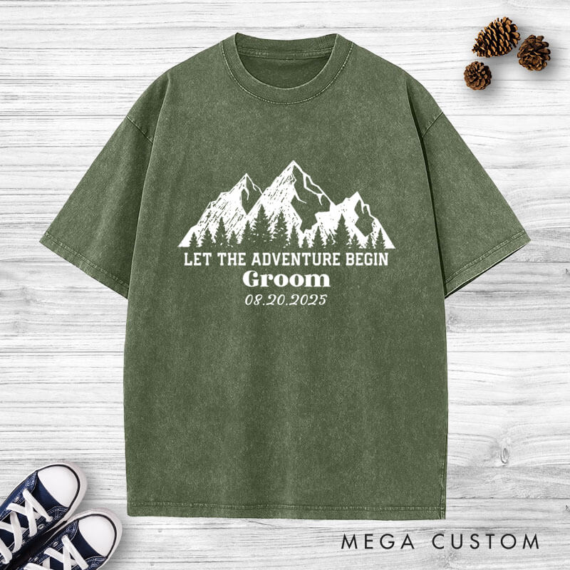 Personalized Rustic Line Mountains Let The Adventure Begin Bride and Groom Matching Wedding Couple Washed T-Shirt