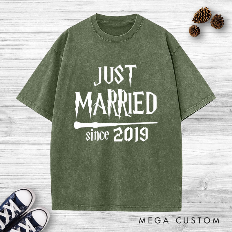Personalized Magical Just Married with Year Newlyweds Matching Wedding Couple Washed T-Shirt