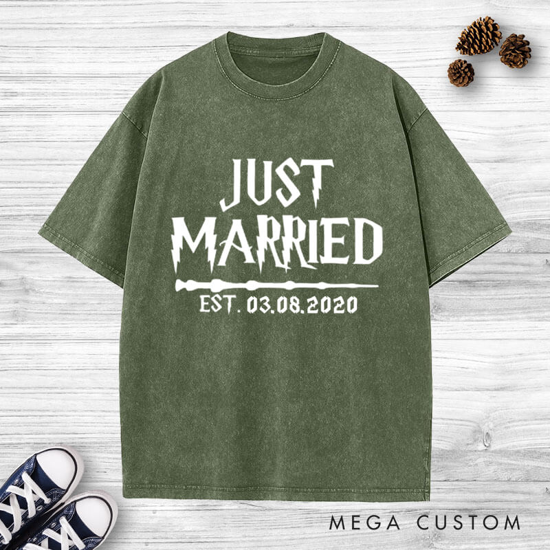 Personalized Just Married with Date Matching Wedding Couple Washed T-Shirt
