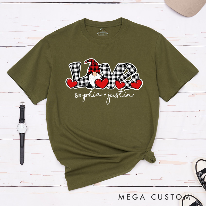 Personalized Couple Plaid Love Gnome with Red Heart Matching T-Shirt Valentine's Day T-Shirt for Husband Wife Boyfriend Girlfriend Gift