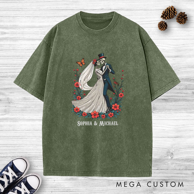 Personalized Romantic Dancing Skeleton Matching Wedding Couple Washed T-Shirt