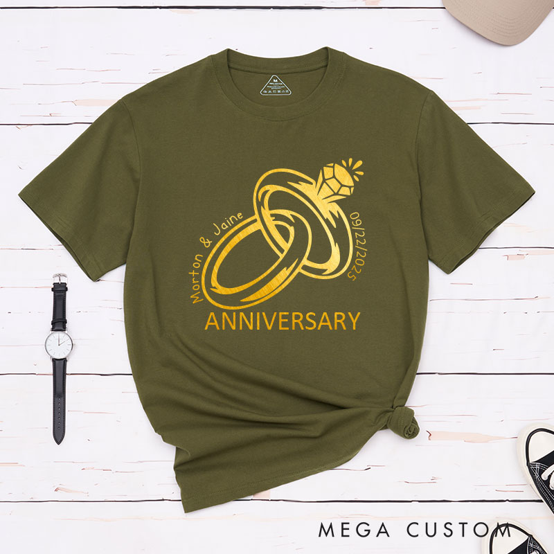 Personalized Golden Rings Anniversary T-Shirt Elegant Celebrate Couple Anniversary T-Shirts for Husband Wife Anniversary Gift Tees