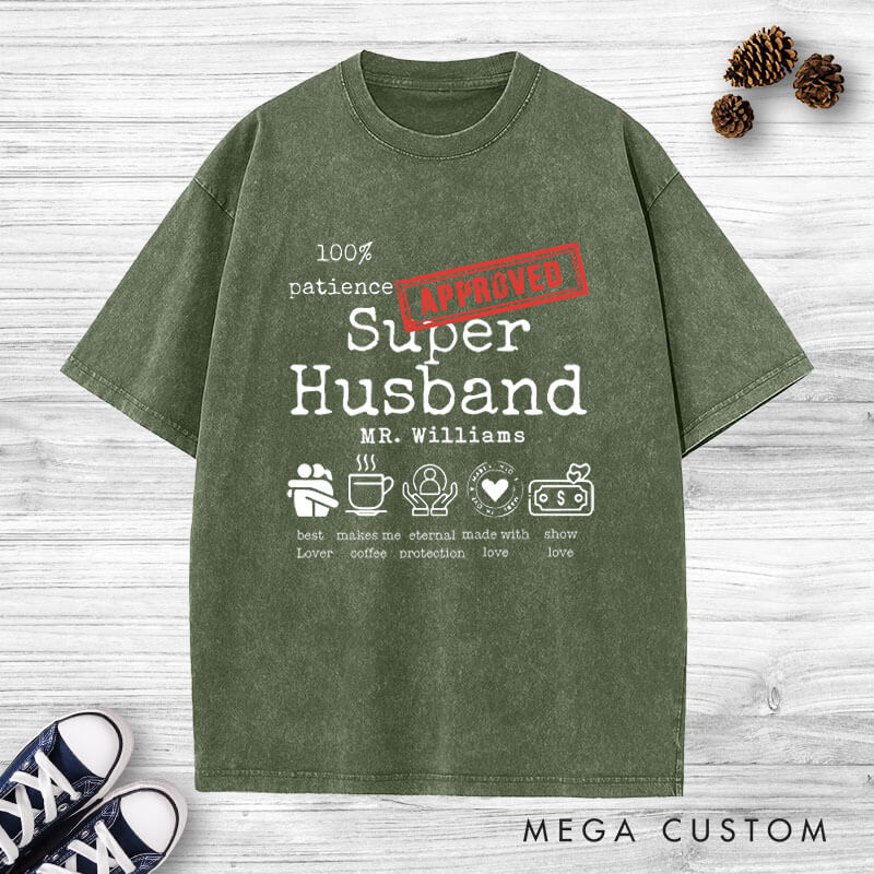 Personalized Fun Approved Super Wife and Super Husband Matching Wedding Couple Washed T-Shirt