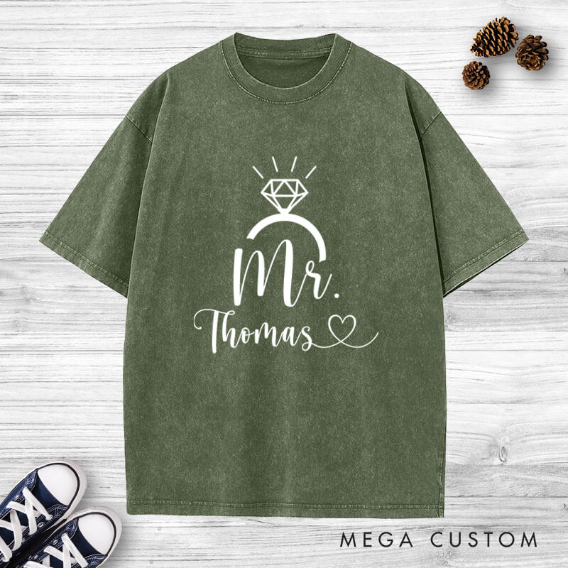Personalized Elegant Mr and Mrs with Diamond Ring Wedding Couple Washed T-Shirt