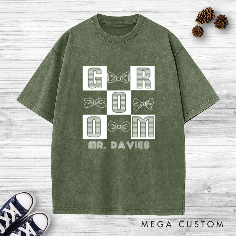 Personalized Chic Bow-Themed Bride and Groom Matching Wedding Couple Washed T-Shirt