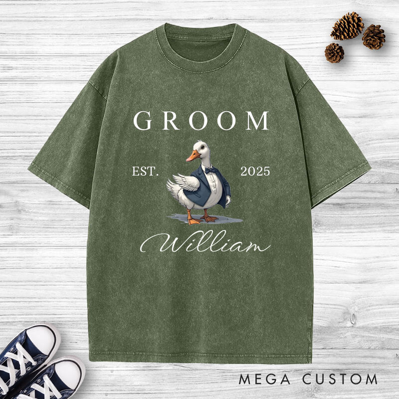 Personalized Bride and Groom Silly Goose Matching Wedding Couple Washed T-Shirt