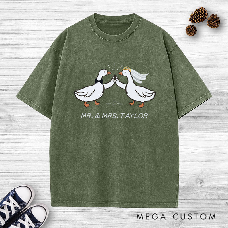 Personalized Mr and Mrs Silly Goose Bride and Groom Wedding Couple Washed T-Shirt