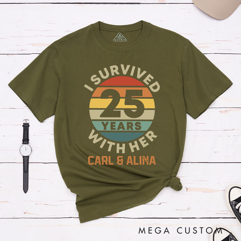 Personalized Fun Couple 25th Anniversary T-Shirt I Survived 25 Years With Her Retro T-Shirt Wife Husband Anniversary Tees