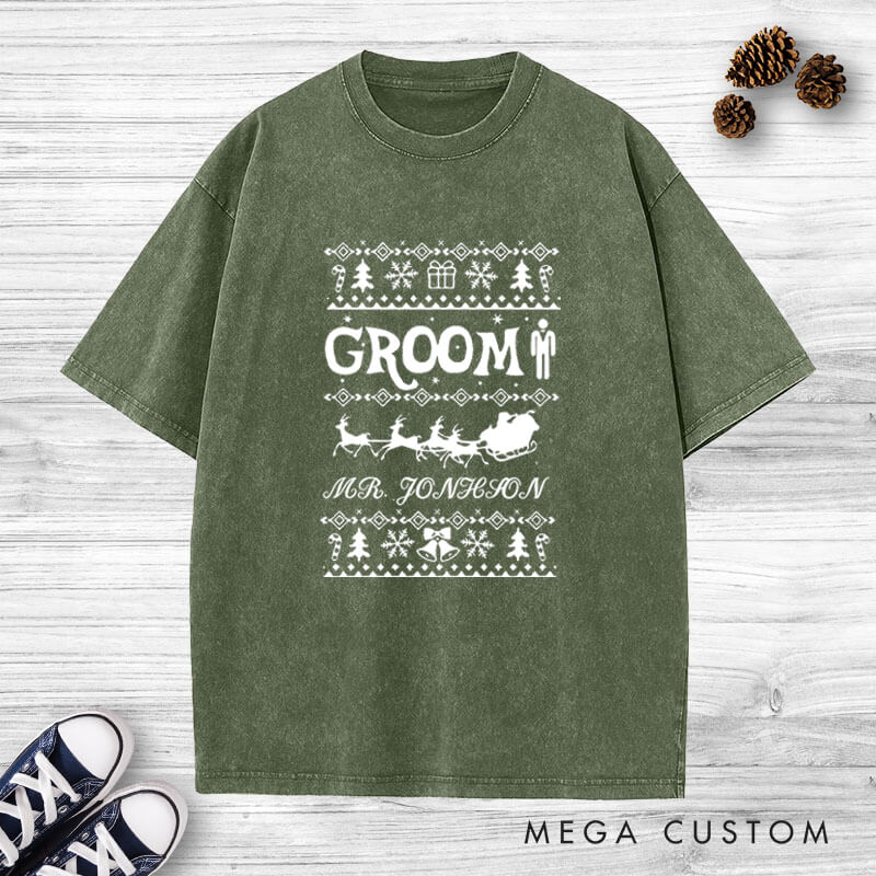 Personalized Christmas Bride and Groom with Reindeer and Sleighs Matching Wedding Couple Washed T-Shirt