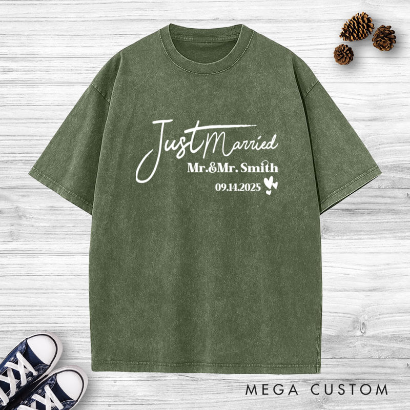 Personalized Elegant Just Married Mr and Mrs with Hearts Wedding Couple Washed T-Shirt
