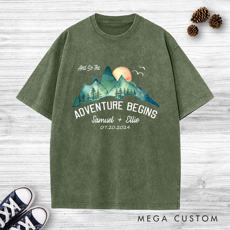 Personalized Scenic And So The Adventure Begins Newlyweds Wedding Couple Washed T-Shirt