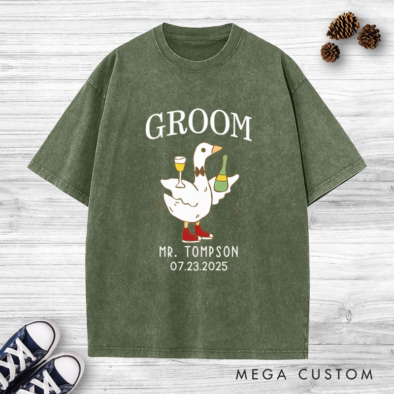 Personalized Lively Bride and Groom Silly Goose with Champagne Matching Wedding Couple Washed T-Shirt