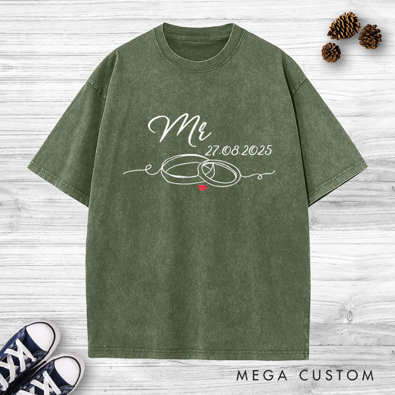 Personalized Elegant Mr and Mrs with Wedding Rings Matching Wedding Couple Washed T-Shirt