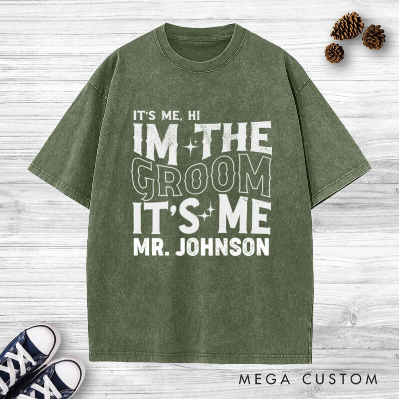 Personalized Modern Vintage It's Me Bride and Groom Matching Wedding Couple Washed T-Shirt