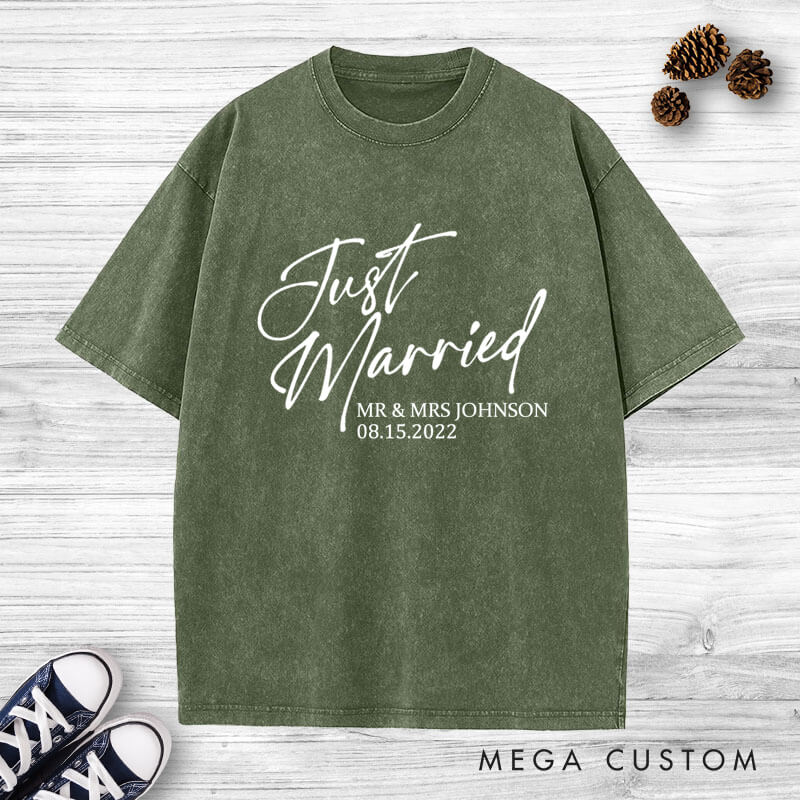 Personalized Modern Just Married Newlyweds Wedding Couple Washed T-Shirt