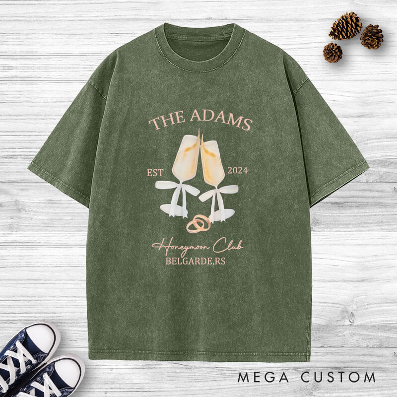 Personalized Honeymoon Club Champagne Glasses Tied with Bow Honeymoon Couple Washed T-Shirt