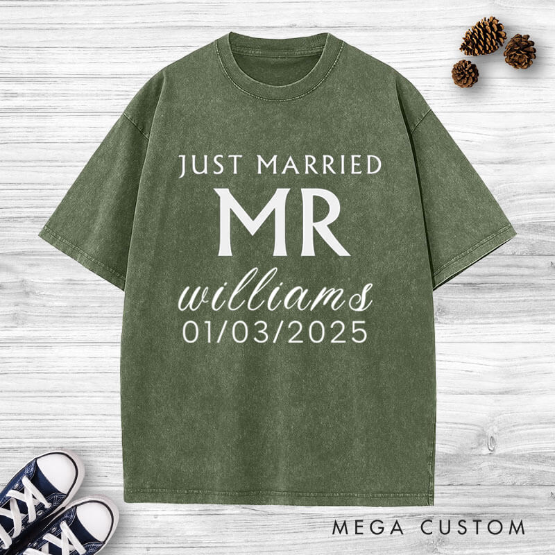 Personalized Minimalist Just Married Mr and Mrs Wedding Couple Washed T-Shirt