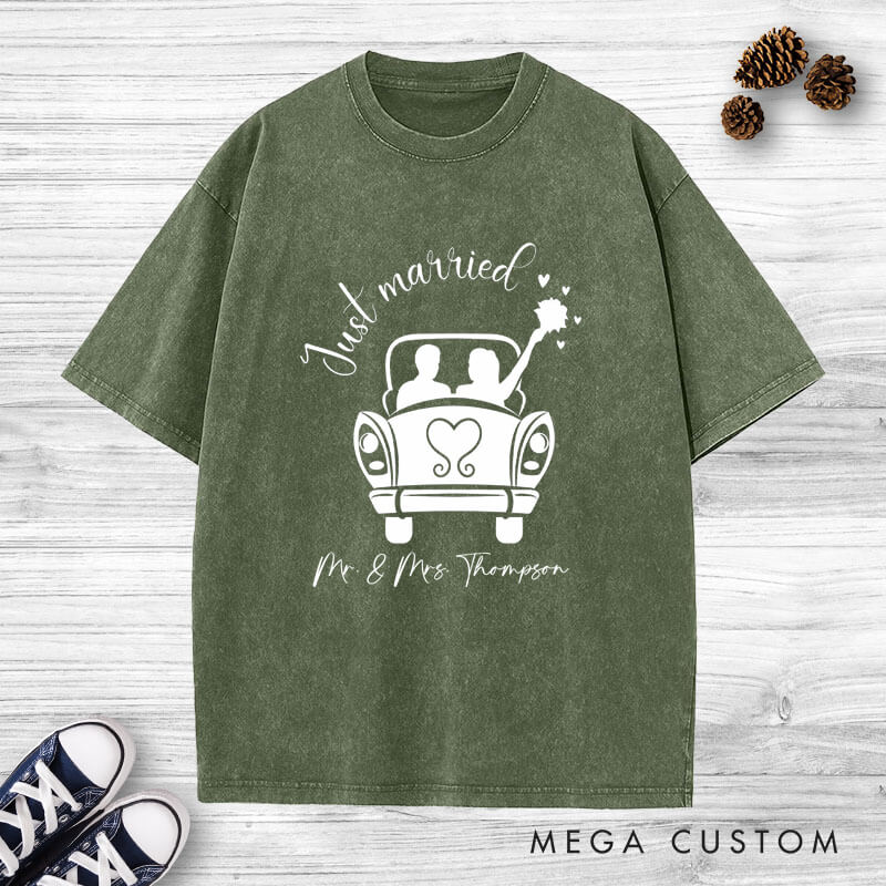 Personalized Romantic Just Married with Wedding Car Wedding Couple Washed T-Shirt