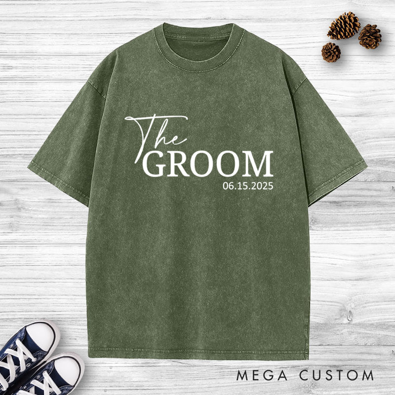 Personalized Minimalist The Bride and The Groom with Date Matching Wedding Couple Washed T-Shirt