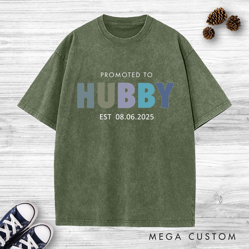 Personalized Playful Promoted to Hubby and Wifey Matching Wedding Couple Washed T-Shirt