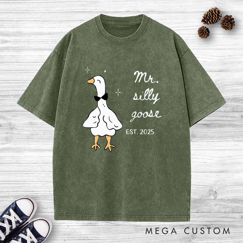 Personalized Funny Mr and Mrs Silly Goose Matching Wedding Couple Washed T-Shirt