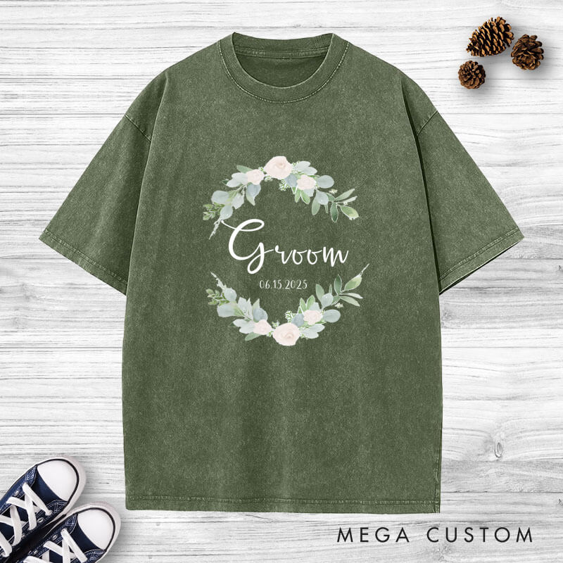 Personalized Elegant Floral Wreath Bride and Groom Matching Wedding Couple Washed T-Shirt
