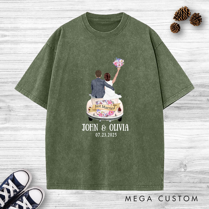 Personalized Romantic Just Married Getaway Car Wedding Couple Washed T-Shirt