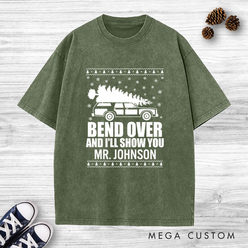 Personalized Funny Christmas Tree Debate Bend Over I'll Show You Matching Wedding Couple Washed T-Shirt