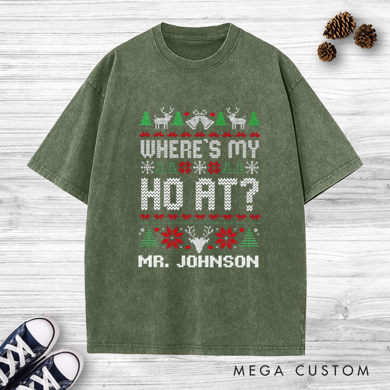 Personalized Playful Where’s My Ho At Christmas Matching Couple Washed T-Shirt