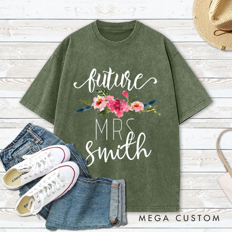Personalized Watercolor Floral Future Mrs Fiancee Engagement Fiancée Washed T-Shirt