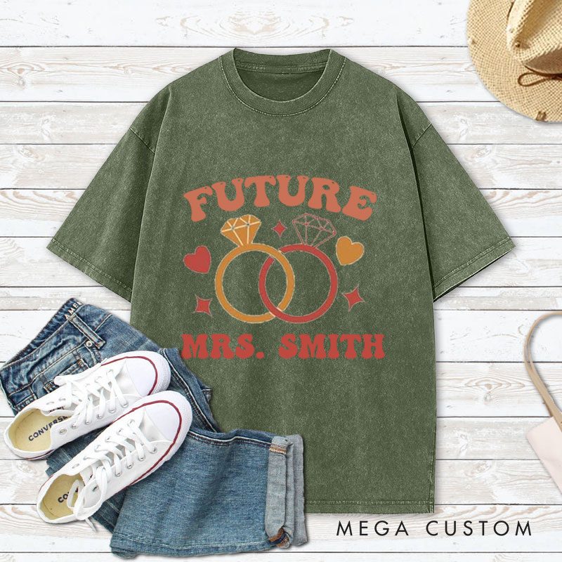 Personalized Playful Future Mrs with Intertwined Rings Fiancee Engagement Fiancée Washed T-Shirt