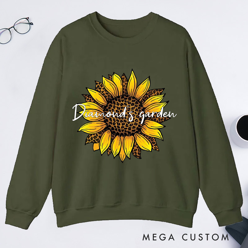 Personalized Leopard Sunflower Classic Sweatshirts Leopard Floral Sweatshirt Gardener Sweatshirt with Name Plant Lover Gift Gardening Gift