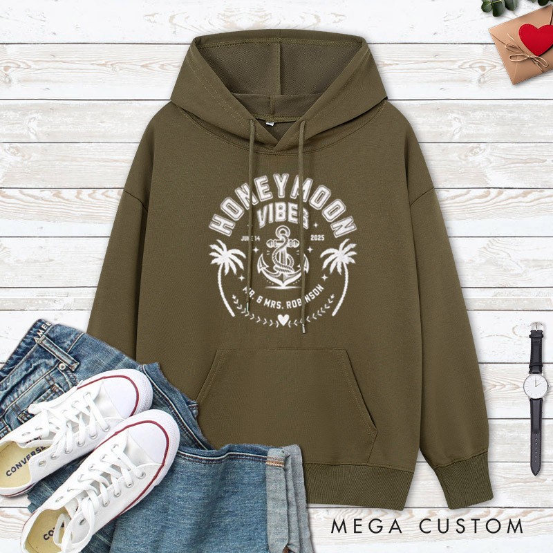 Personalized Nautical Honeymoon Vibes with Anchor and Palm Trees Matching Honeymoon Couple Hoodie