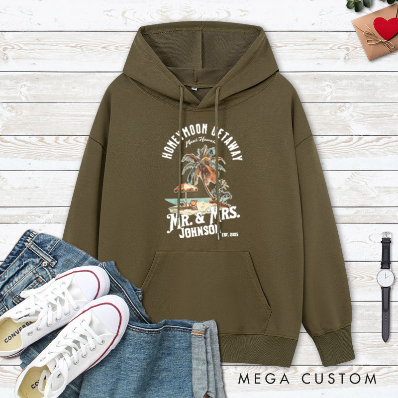 Personalized Vintage Tropical Honeymoon Getaway with Beach Scene Matching Honeymoon Couple Hoodie