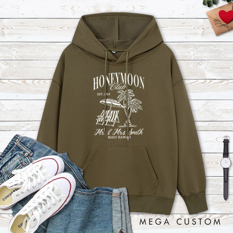 Personalized Classic Tropical Honeymoon Club with Beach Scene Matching Honeymoon Couple Hoodie