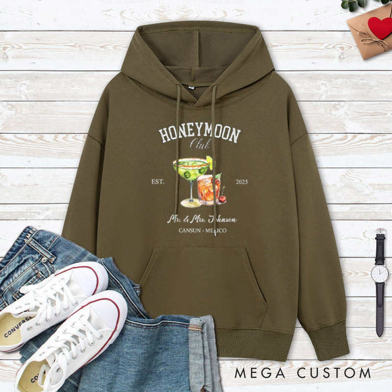 Personalized Tropical Honeymoon Club with Colorful Cocktails Matching Honeymoon Couple Hoodie