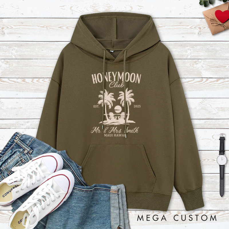 Personalized Vintage Tropical Honeymoon Club with Sunset Matching Honeymoon Couple Hoodie