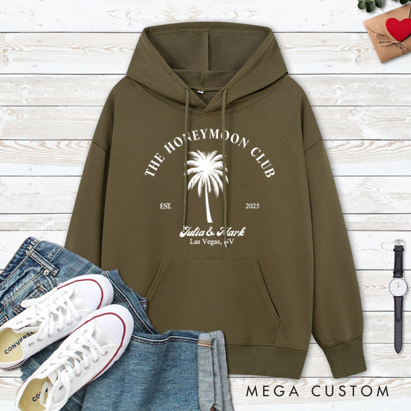 Personalized Tropical The Honeymoon Club with Palm Tree Matching Honeymoon Couple Hoodie