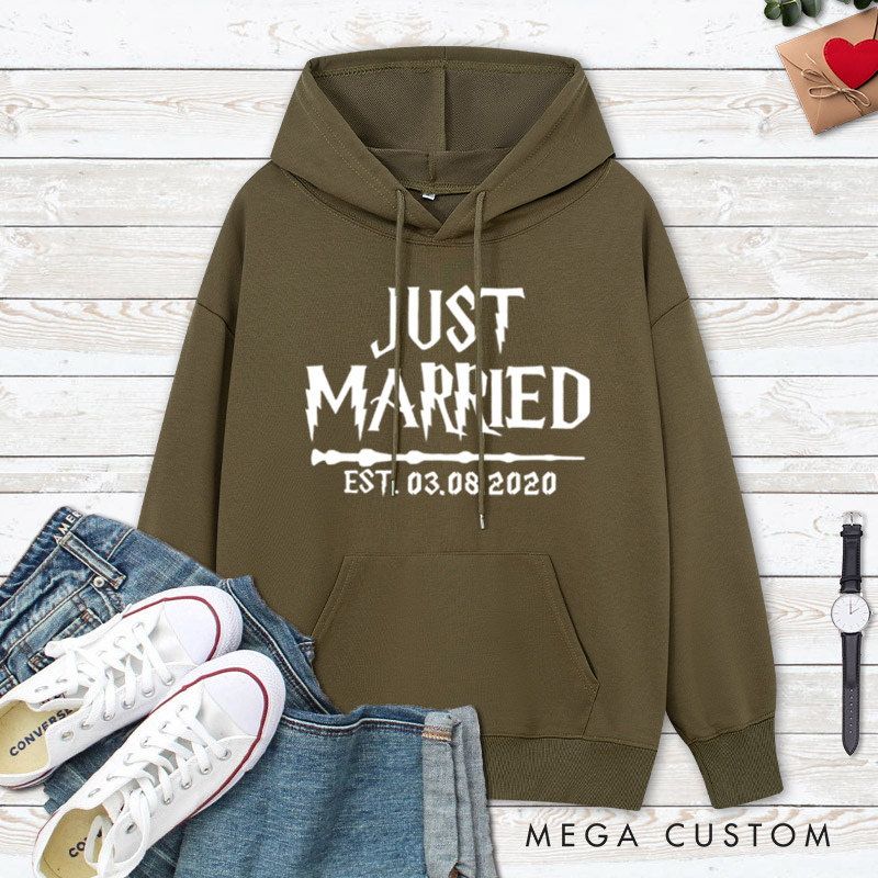 Personalized Just Married with Date Matching Wedding Couple Hoodie