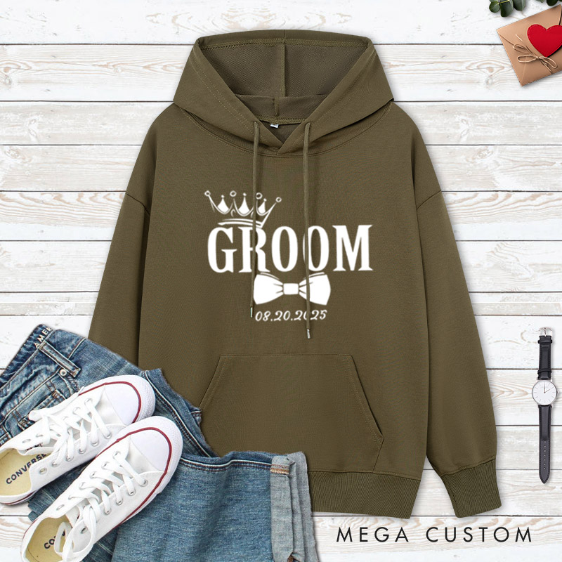 Personalized Regal Bride and Groom with Crowns and Date Matching Wedding Couple Hoodie