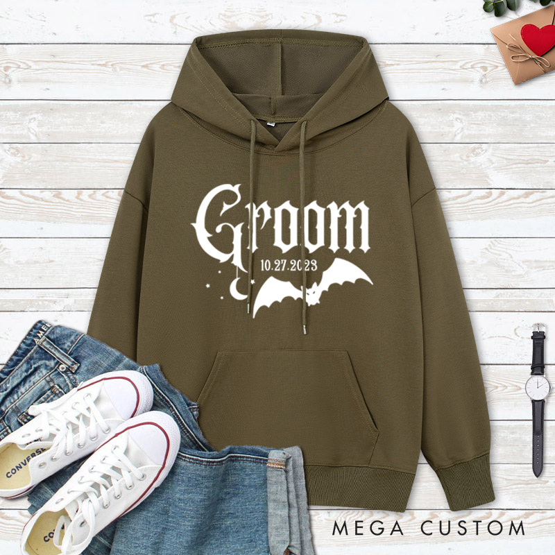 Personalized Halloween Gothic Bride and Groom with Bat and Moon Matching Wedding Couple Hoodie