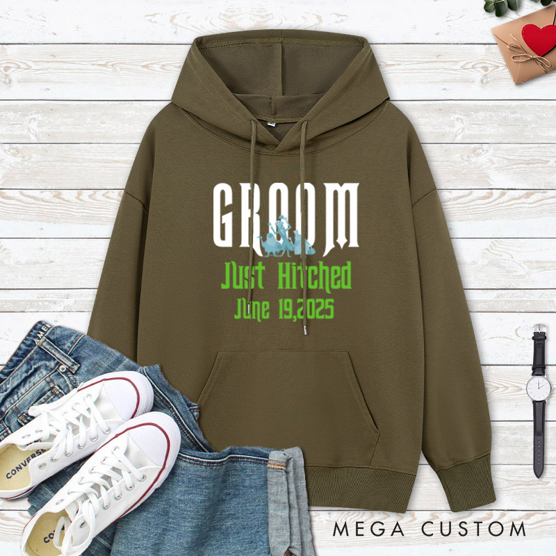 Personalized Playful Just Hitched Bride and Groom Wedding Couple Hoodie