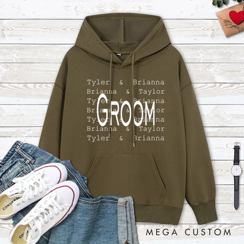 Personalized Modern Repetitive Text Bride and Groom Wedding Couple Hoodie