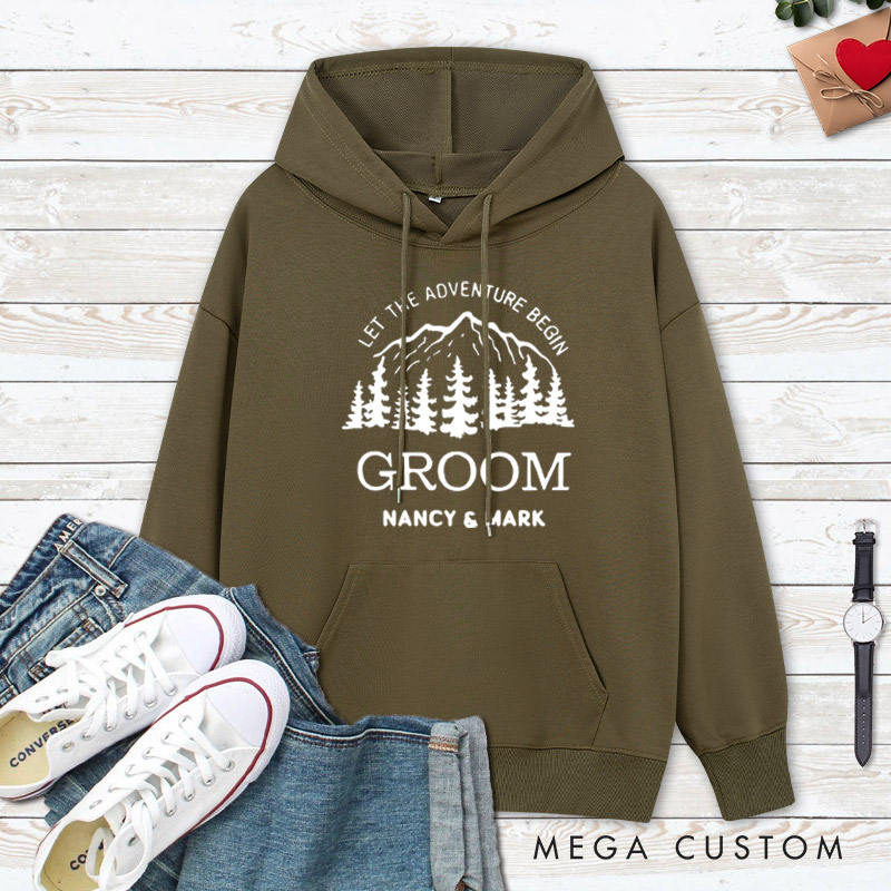 Personalized Mountain Serene Let The Adventure Begin Bride and Groom Wedding Couple Hoodie