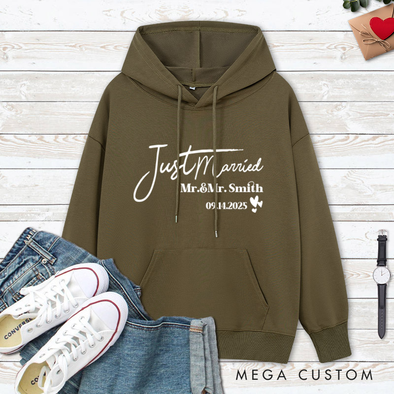 Personalized Elegant Just Married Mr and Mrs with Hearts Wedding Couple Hoodie
