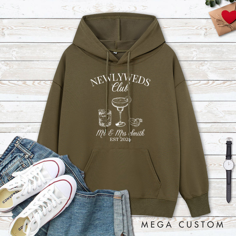 Personalized Rustic Newlyweds Club with Cocktails Mr and Mrs Wedding Couple Hoodie