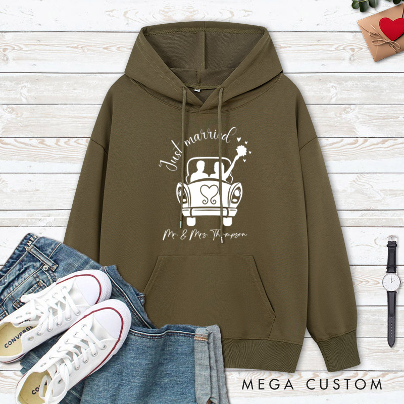 Personalized Romantic Just Married with Wedding Car Wedding Couple Hoodie